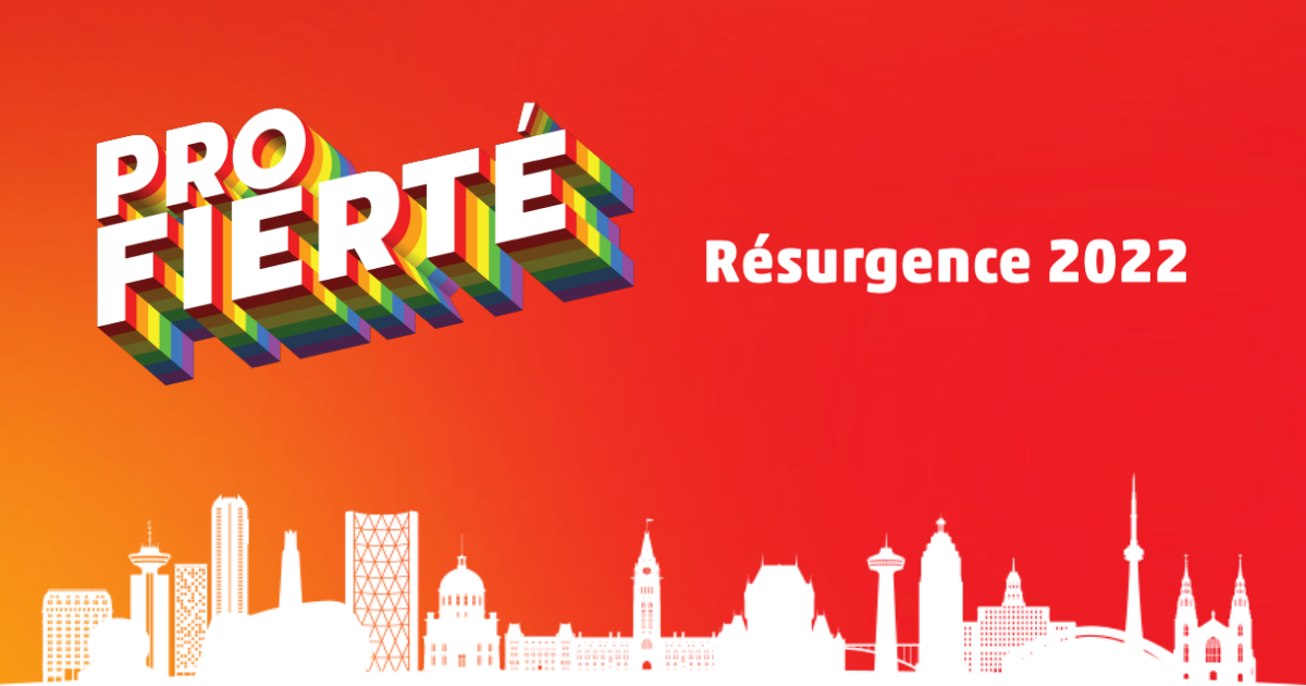 Bannière avec le logo de Pro Fierté, le texte « Résurgence 2022 » et une compilation de l'horizon de nombreuses villes canadiennes.