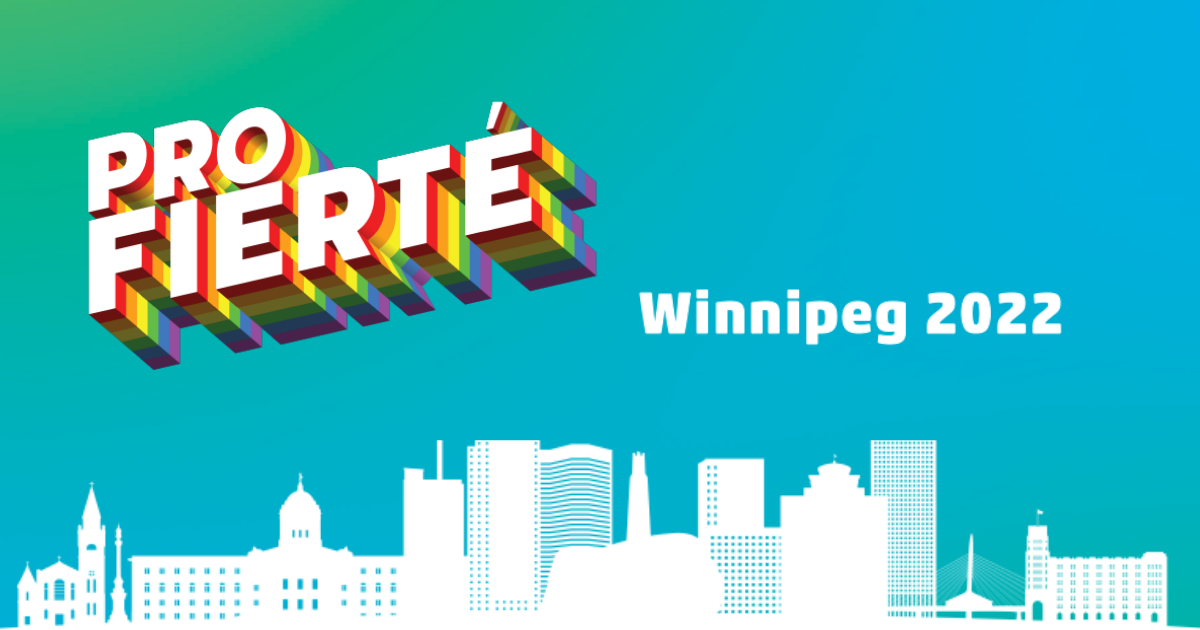 Un atout visuel de Winnipeg Pro Pride. On y trouve le logo de Pro Pride à gauche, le mot Winnipeg au sommet de la ligne d'horizon de la ville.