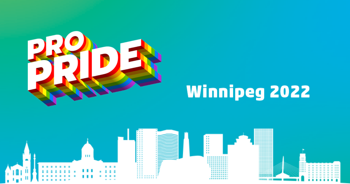 Winnipeg Pro Pride visual asset. There is a Pro Pride logo on the left, the word Winnipeg on the top of the city's skyline.