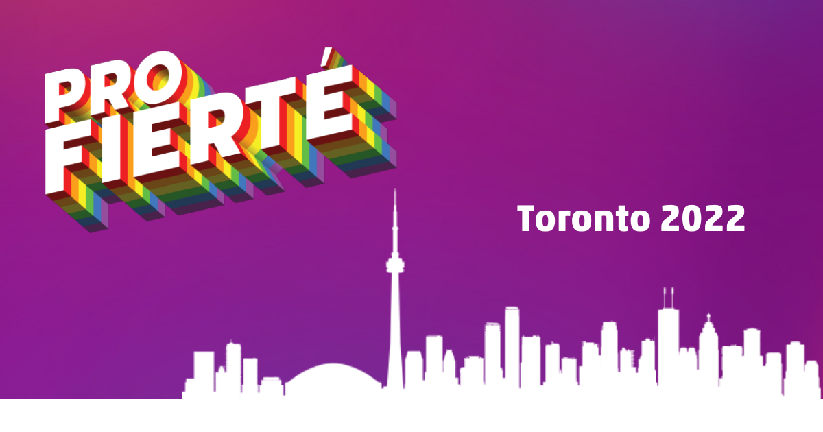 Un atout visuel de Toronto Pro Fierté. On y trouve le logo de Pro Pride à gauche, le mot Toronto au sommet de la ligne d'horizon de la ville.