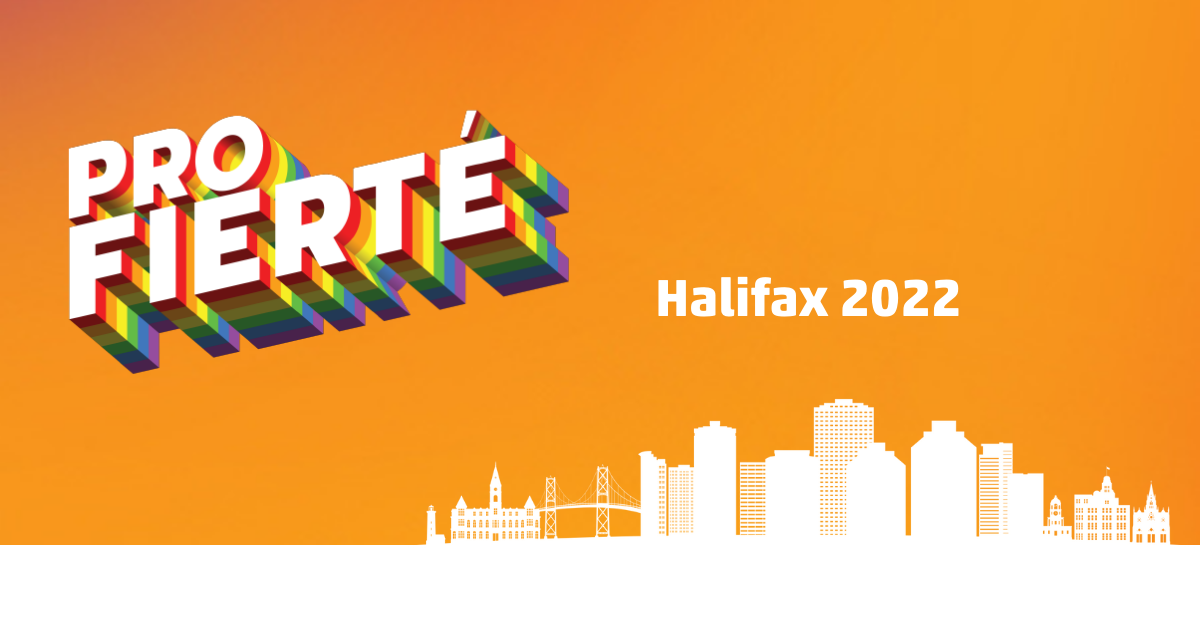 Un atout visuel de Pro Fierté Halifax. On y trouve le logo de Pro Pride à gauche, le mot Halifax au sommet de la ligne d'horizon de la ville.