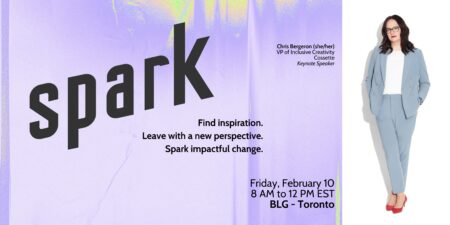 Spark banner with the event logo, the date February 10, 2023, the slogan, and a picture with Chris Bergeron.