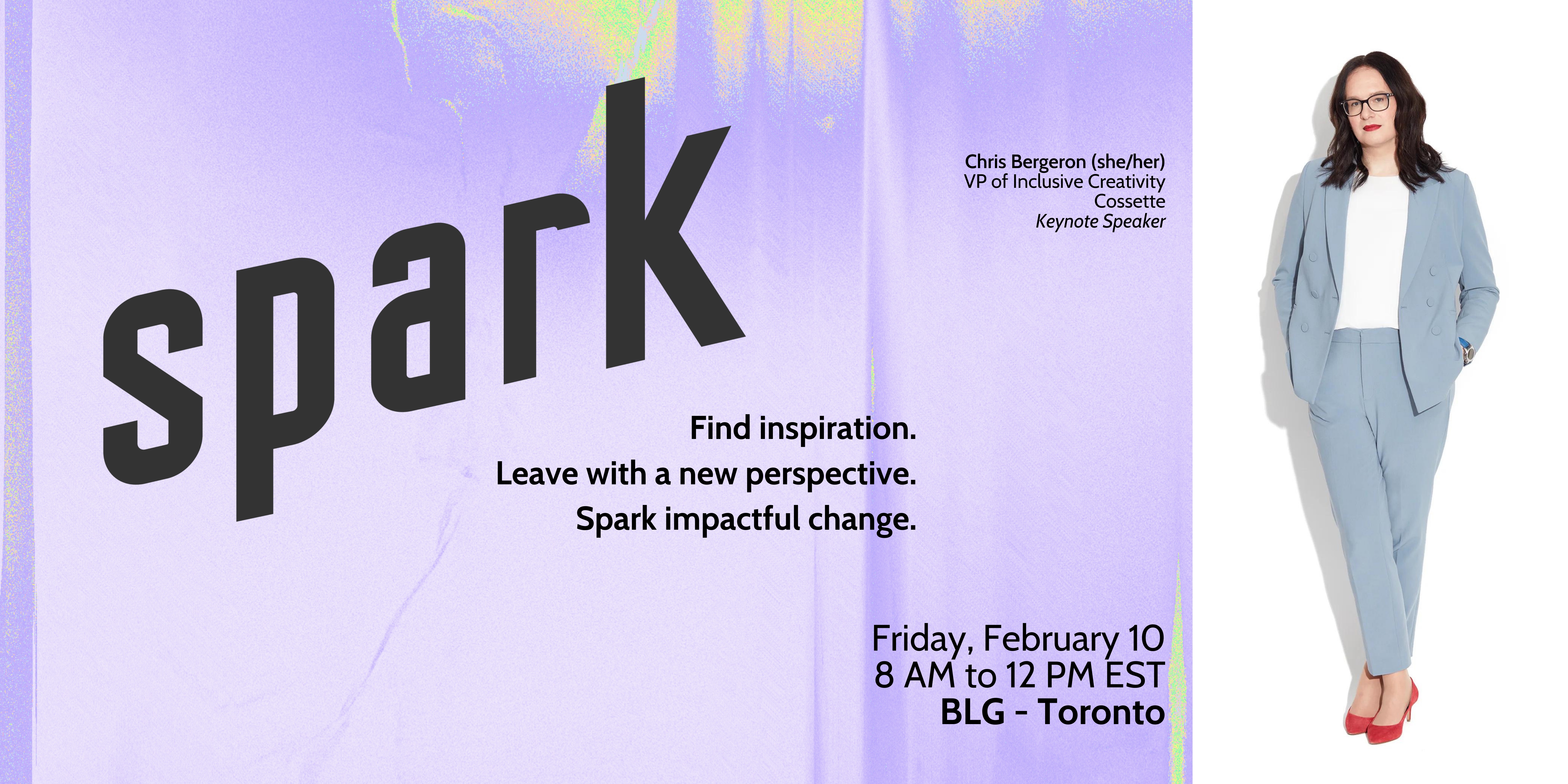 Banner with some geometric shapes and lines at the bottom and the sentences Find inspiration. Leave with a new perspective. Spark impactful change. followed by the event name Spark