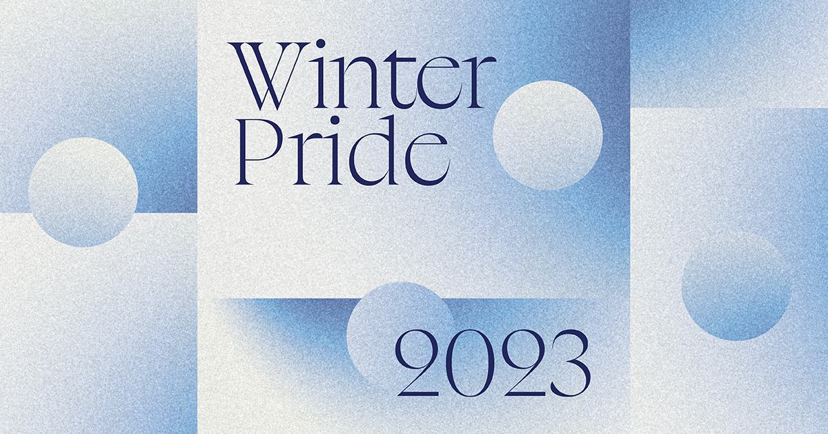 Banner with the text Winter Pride 2023 and some geometric shapes