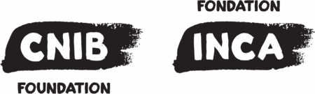 Bilingual logo of side by side black paint strokes with the letters CNIB knocked out of the left one and INCA knocked out on the right. The word Foundation is below the left and Fondation is above the right.